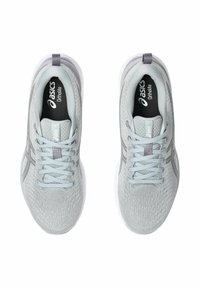 Light grey athletic shoes with a textured mesh upper, lace-up design, and a white sole. Features a black insole with "asics Ortholite" branding.