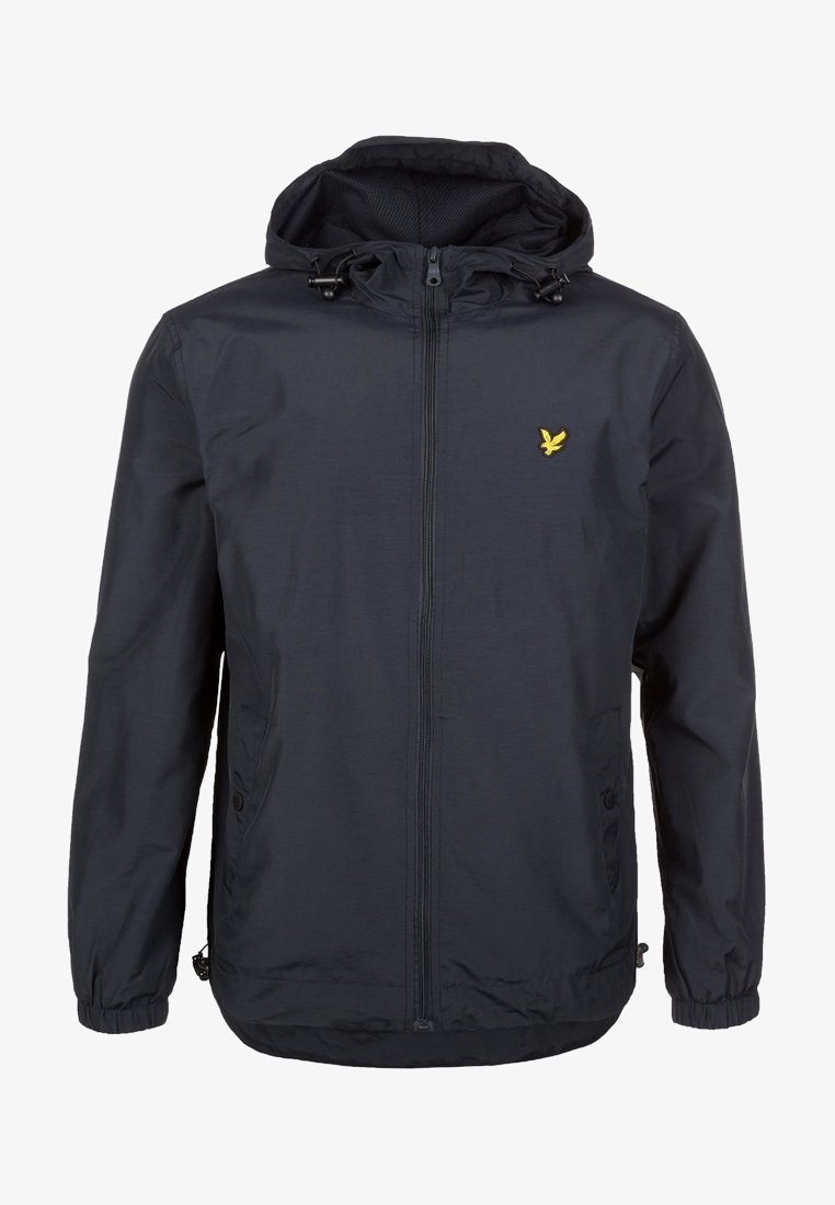 Navy blue lightweight jacket with a zip front, adjustable hood, drawcords, and a yellow logo accent. Features side pockets and cuff adjusters.