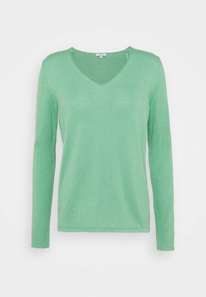 Vaaleanvihreä pitkähihainen V-pääntie neule, jossa on slim fit -malli ja hieno neuletekstuuri, esillä valkoista taustaa vasten.