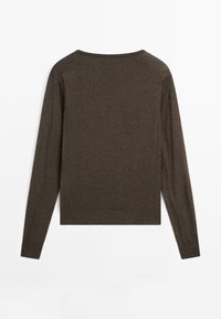 Brown long-sleeve sweater with a round neckline, featuring a smooth texture and ribbed hem. Simple, fitted design with raglan sleeves.