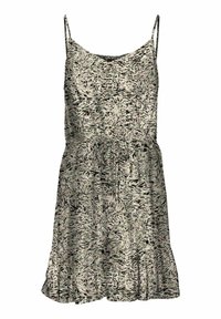 Vestido sin mangas de estampado negro y verde con escote redondeado, cintura elástica y dobladillo acampanado. Tejido ligero con una textura fluida.