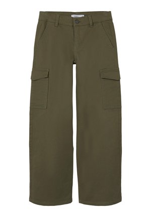 Olive green wide-leg cargo pants with front button, zipper, belt loops, slant pockets, and flap pockets on thighs.