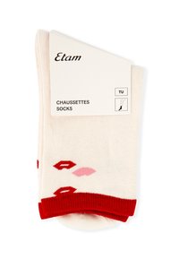 Knielange cremefarbene Socken mit roten Akzenten; verziert mit Lippenabdrücken in Rot und Rosa. Weiche Baumwollmischung, mit "Etam"-Etikett. Für verschiedene Größen geeignet.
