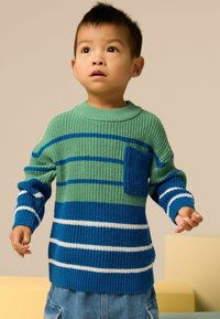 Maglione a righe verdi e blu con collo rotondo e taschino sul petto. Presenta un'armatura lavorata, maniche larghe e righe orizzontali bianche.