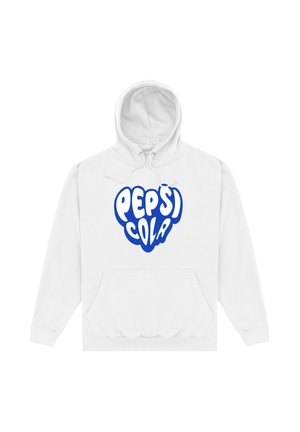 Bílá mikina s kapucí a přední kapsou, na hrudi s velkým modrým nápisem "PEPSI COLA" v tučných, zaoblených bublinových písmech.