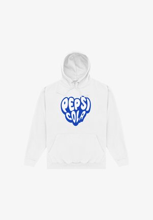 Felpa bianca con tasca frontale, caratterizzata da un ampio testo blu "PEPSI COLA" in grassetto, con lettere arrotondate a forma di bolla sul petto.