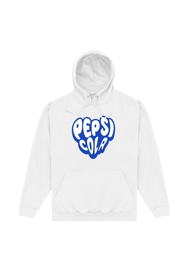Biała bluza z kapturem z kieszenią z przodu, z dużym niebieskim napisem "PEPSI COLA" w pogrubionych, zaokrąglonych literach na klatce piersiowej.