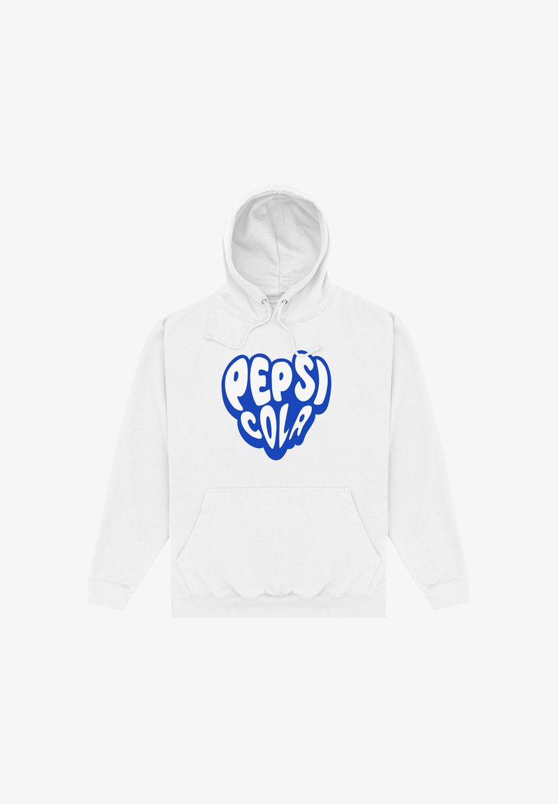 Weißer Hoodie mit vorderer Tasche, der großen blauen "PEPSI COLA"-Schrift in fetten, abgerundeten Bubble-Buchstaben auf der Brust zeigt.