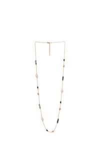 Goldene Halskette mit abwechselnden Formen von blauen, grünen und schwarzen Steinperlen sowie Perlenakzenten, die entlang der Länge angeordnet sind.