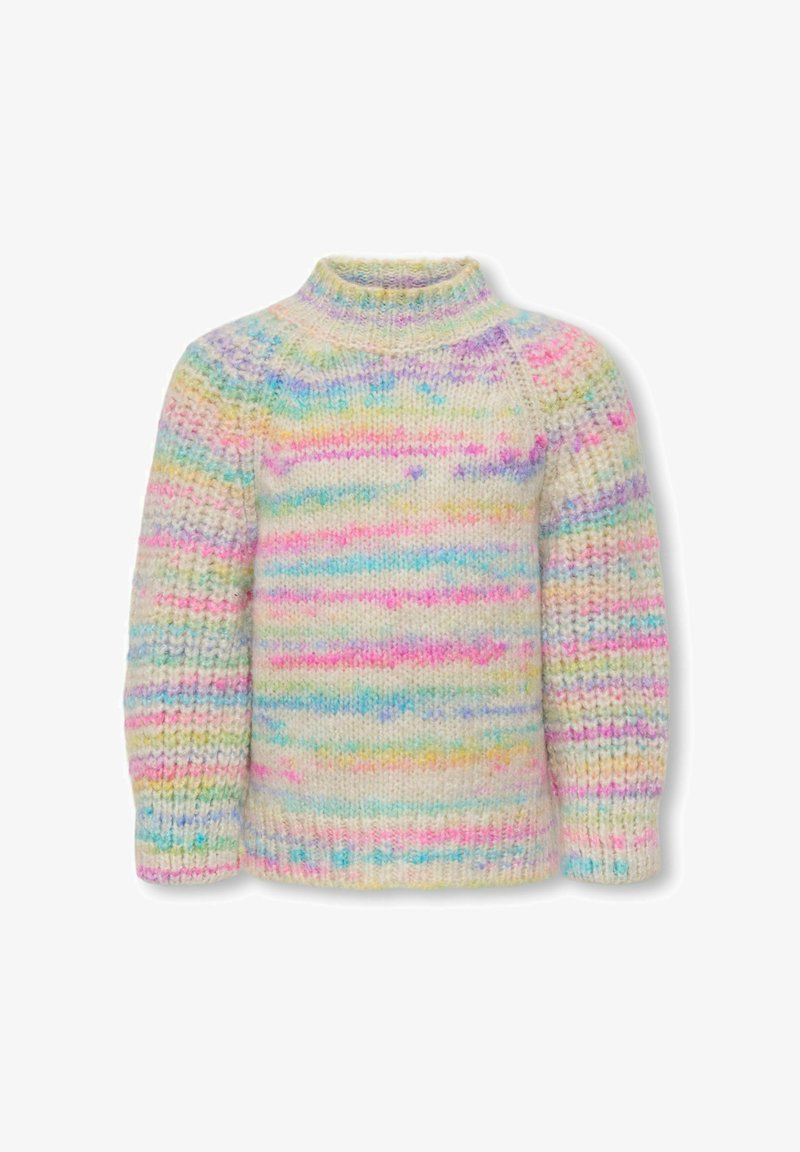 Pull en maille épaisse avec des rayures arc-en-ciel pastel, manches longues et col montant côtelé.