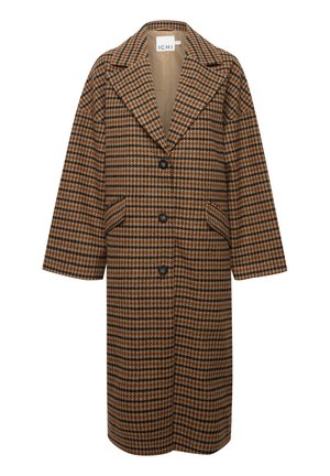 Ruda houndstooth rašto paltas su dvigubu priekyne dalimi, dideliais išpjovos apykaklėmis, šoninėmis kišenėmis ir laisvu siluetu.