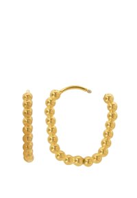 Goldene Ohringe in Form von Hoops, die ein Perlenmuster mit glatten, reflektierenden runden Perlen aufweisen. Enthält einen Ohrring und einen Teil des Hoop-Designs.