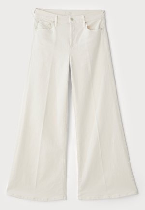 Hvite vidde denimjeans med høy midje, fem lommer og en glatt tekstur. Har knappestenging og synlige sømdetaljer.