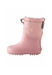 Stivale impermeabile rosa con tomaia trapuntata. Presenta una chiusura con cordino, suola texturizzata e materiale in gomma liscia. Design con punta arrotondata.