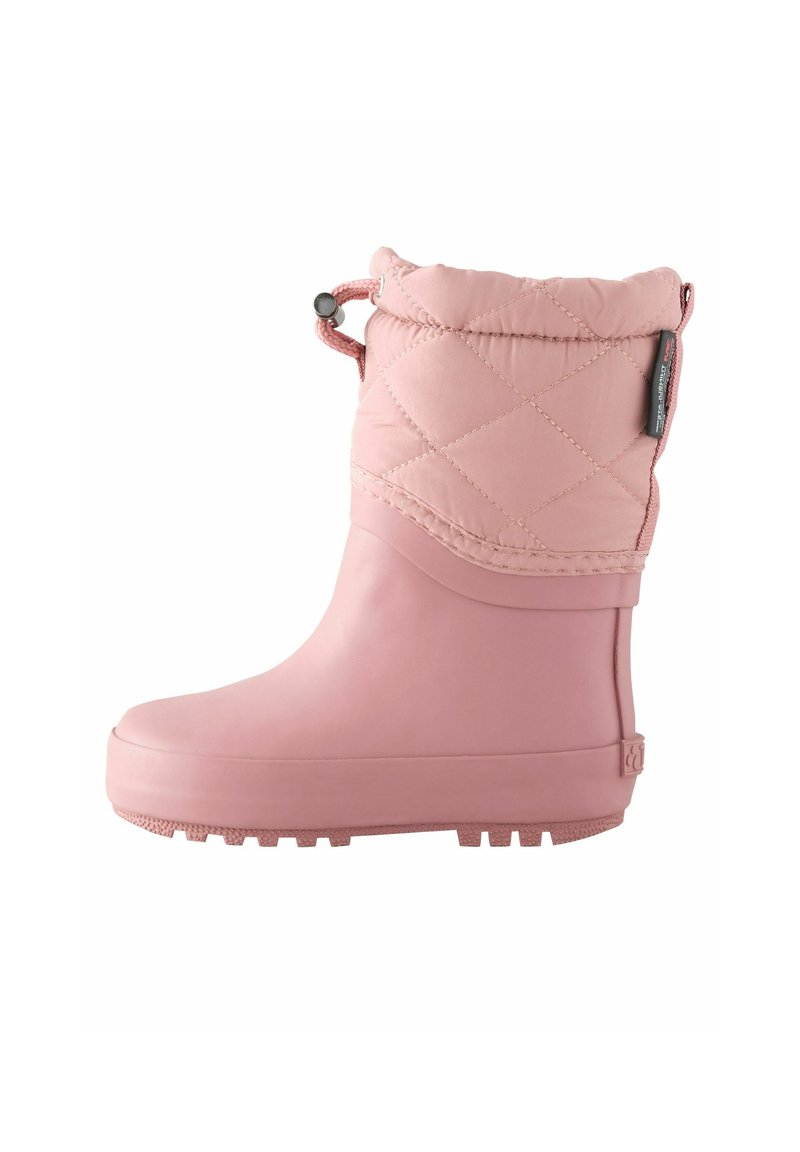 Stivale impermeabile rosa con tomaia trapuntata. Presenta una chiusura con cordino, suola texturizzata e materiale in gomma liscia. Design con punta arrotondata.