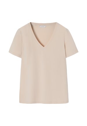Beige V-Ausschnitt T-Shirt aus glattem Stoff, kurze Ärmel, gerader Saum, minimales Design, keine sichtbaren Muster oder Hardware.