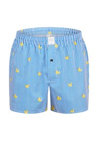 Blaue und weiße gestreifte Badeshorts mit kleinen Mustern von gelben Gummienten. Elastischer Bund mit vorderem Knopfverschluss und bedrucktem Etikett.
