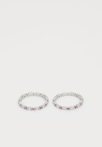Silver hoop earrings featuring alternating rectangular and round stones in clear and pink hues, set in a linked design.