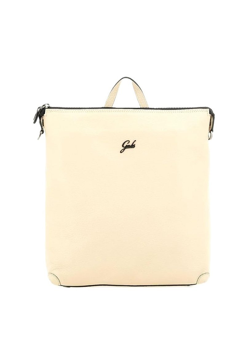 Zaino in pelle color crema con forma strutturata, cerniera nera e manico superiore. Presenta un logo minimale sulla parte frontale.