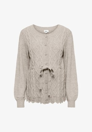 Gaišs pelēks adīts kardigāns ar kabeli, ar apaļu kakla izgriezumu, pogu aizdari un auklu jostā. Viļņots apakšmala un ribota aproce.