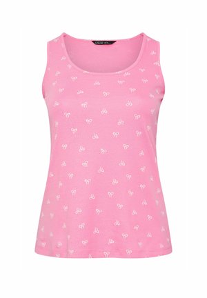 Mouwloos roze tanktop met kleine witte strikjes gelijkmatig verspreid over de stof, met een ronde halslijn.