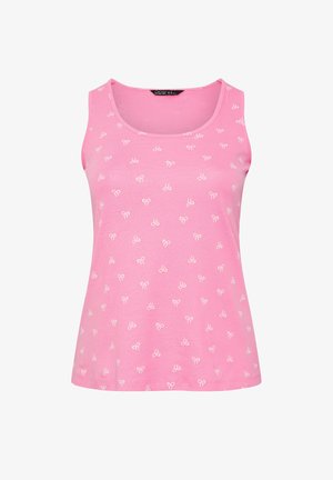 Ærmeløs lyserød tanktop med små hvide sløjfe-mønstre jævnt fordelt over stoffet, med rund halsudskæring.