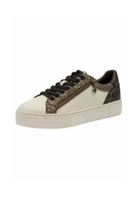 Sneaker bianche in pelle con dettagli in glitter marrone, chiusura con zip e tallone con stampa leopardata testurizzata. Suola in gomma bianca spessa. Lacci neri.