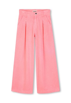 Pantalones de pana rosa de pierna ancha con trabillas, pliegues delanteros, bolsillos laterales y cierre de botón metálico en la cintura.