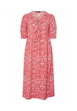 Rode midi-jurk met bloemenprint, pofmouwen, ruches aan de voorkant en een keyhole-halslijn.