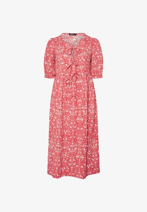 Red floral midi dress with puff sleeves, ruffle details at front, and a keyhole neckline.