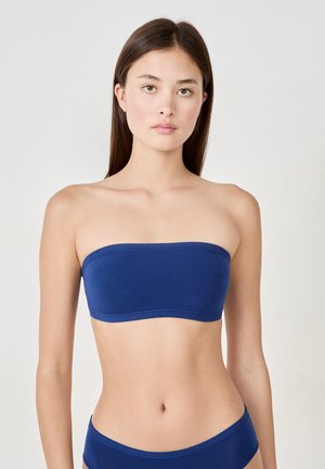 Top bandeau senza spalline blu navy con design senza cuciture. Tessuto morbido, forma aderente, adatto per essere indossato sotto i vestiti.