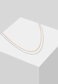 To interne kæder udstillet på en hvid overflade: en gylden og en sølvfarvet, der har et glat, fint design med enkle sammenflettede led.