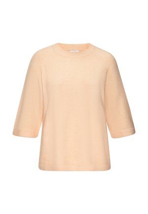 Hellpfirsichfarbener Strickpullover mit kurzen Ärmeln, Rundhalsausschnitt und lockerem Schnitt, präsentiert vor weißem Hintergrund.