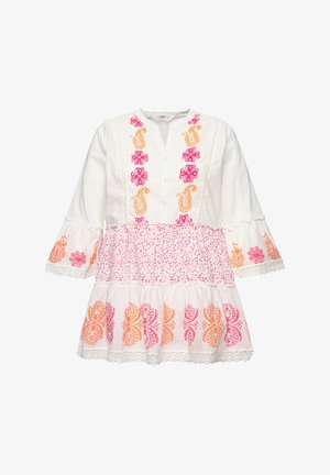 Hvid, bomulds kjole med pink og orange blomsterbroderi, knaplukning, og udvidede ærmer; har et lagdelt skørt og blondekant.