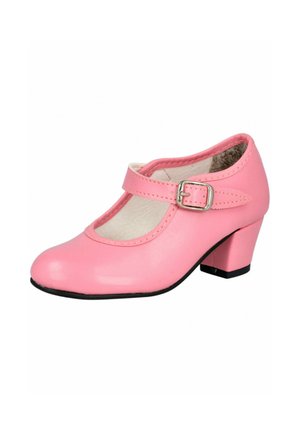 Zapato Mary Jane rosa con tacón bajo ancho, correa con hebilla plateada y puntera redondeada.