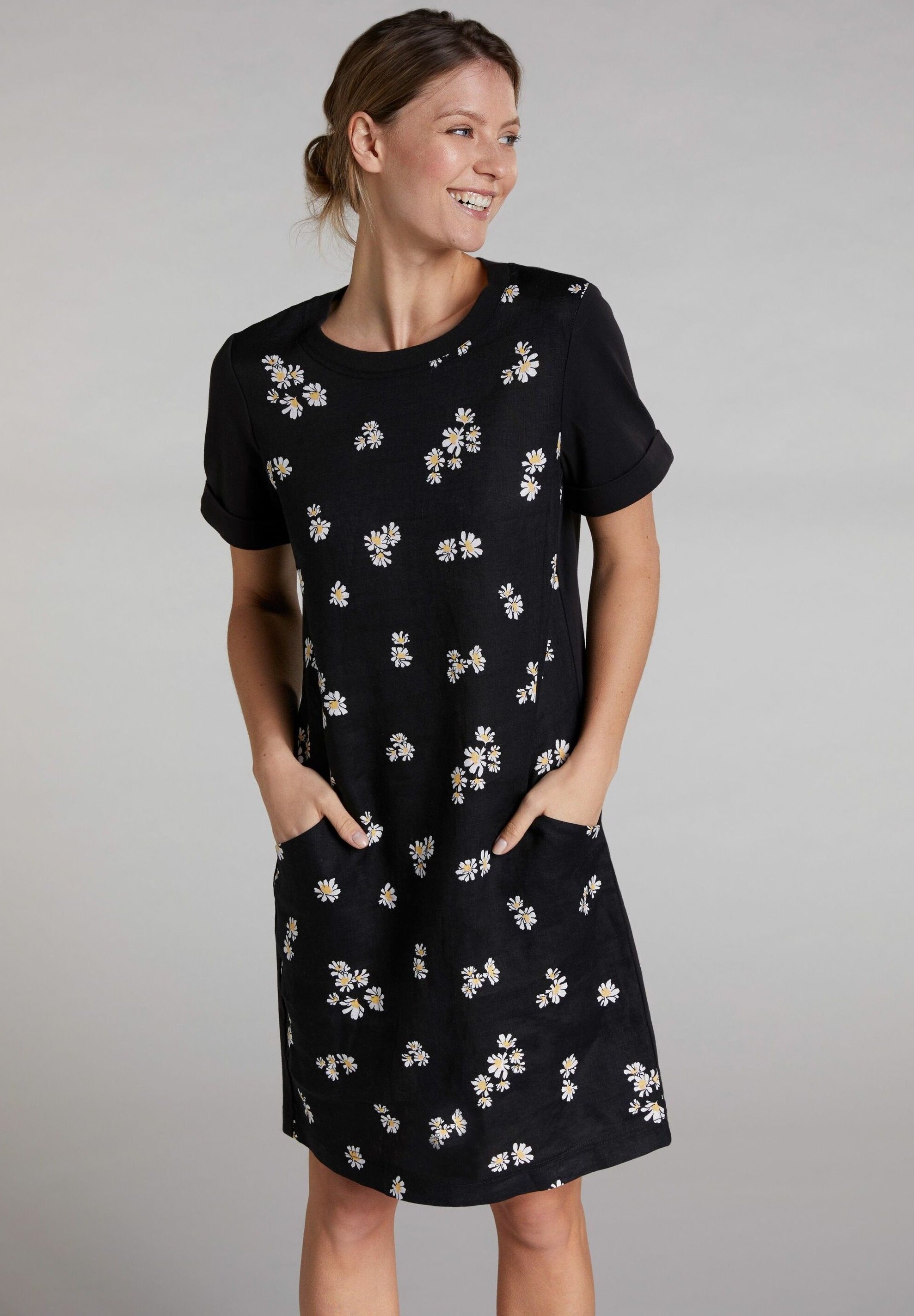 Oui Midi Kleid Im Leinen Jersey Mix Freizeitkleid Black Offwhite Schwarz Zalando De 