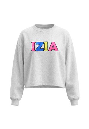 Jasnoszara bluza z długim rękawem z prążkowanymi mankietami i dołem, z kolorowymi cekinowymi literami tworzącymi napis "IZIA" na przodzie.
