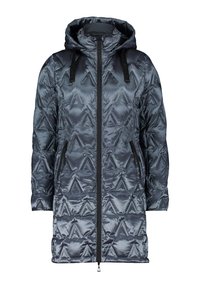 Grijze pufferjas met capuchon, ritssluiting aan de voorkant en een driehoekig textuurpatroon. Zwarte geborgde zijzakken en verstelbare kapstraps.