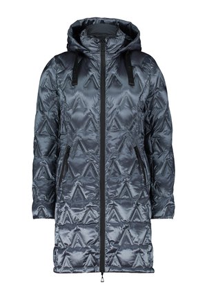 Grau gepolsterte Jacke mit Kapuze, Reißverschluss vorne und dreieckigem strukturiertem Muster. Schwarze Reißverschluss-Seitentaschen und verstellbare Kapuzenriemen.