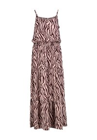 Maxikleid in Hellrosa mit dunkelbraunen Zebra-Streifen. Verfügt über dünne Spaghetti-Träger und einen schichtweise Rüschensaum. Hergestellt aus einem leichten Stoff.