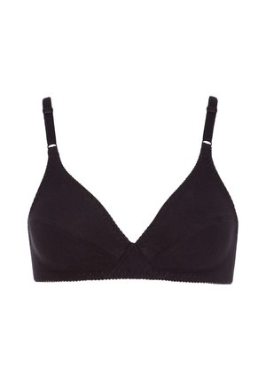 Black triangle bra made of soft fabric. Adjustable straps with a textured edge, featuring seamless cups and minimalistic design. No padding.
