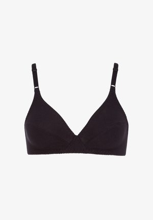 Schwarzer Dreieck-BH aus weichem Stoff. Verstellbare Träger mit strukturiertem Rand, nahtlose Körbchen und minimalistisches Design. Ohne Polsterung.