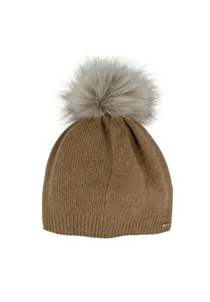 Brown knit beanie with textured pattern and large fluffy gray pom-pom on top against white background.