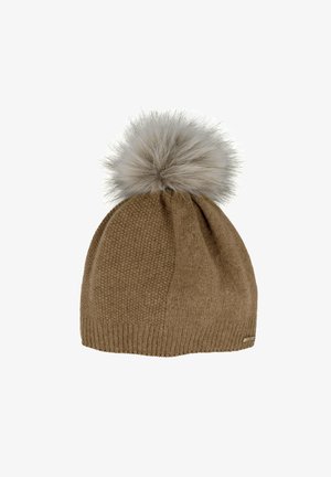 Brown knit beanie with textured pattern and large fluffy gray pom-pom on top against white background.