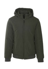 Giacca con cappuccio verde scuro con zip, polsini e fascia in vita a coste, dotata di coulisse regolabili sul cappuccio e tasche laterali con zip.