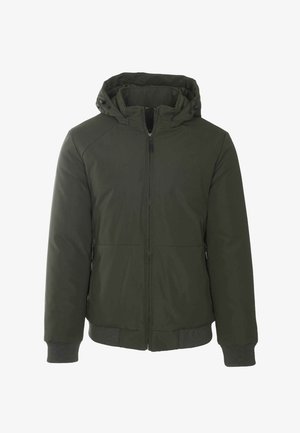 Giacca con cappuccio verde scuro con zip, polsini e fascia in vita a coste, dotata di coulisse regolabili sul cappuccio e tasche laterali con zip.
