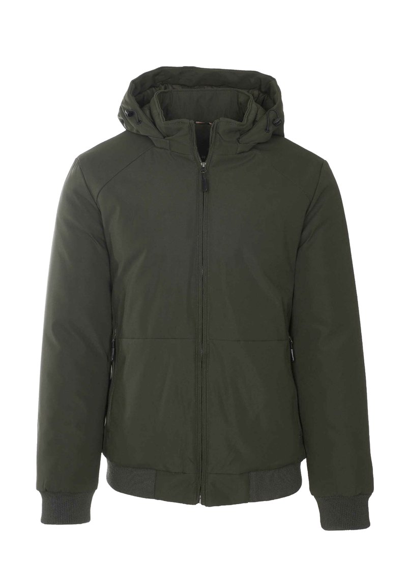 Giacca con cappuccio verde scuro con zip, polsini e fascia in vita a coste, dotata di coulisse regolabili sul cappuccio e tasche laterali con zip.