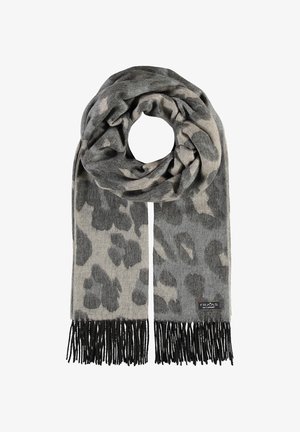 Sjaal met luipaardprint in grijstinten en beige, gemaakt van zacht materiaal, met zwarte franjes langs de randen.