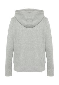 Gray cotton hoodie with a drawstring hood, long sleeves, and ribbed cuffs, featuring a smooth texture and casual silhouette.