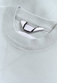 Šviesiai pilkas džemperis su pynimu prie kaklo, minkšta tekstūra ir kontrastingai siūtais juodais žymekliais vidinėje apykaklės pusėje.